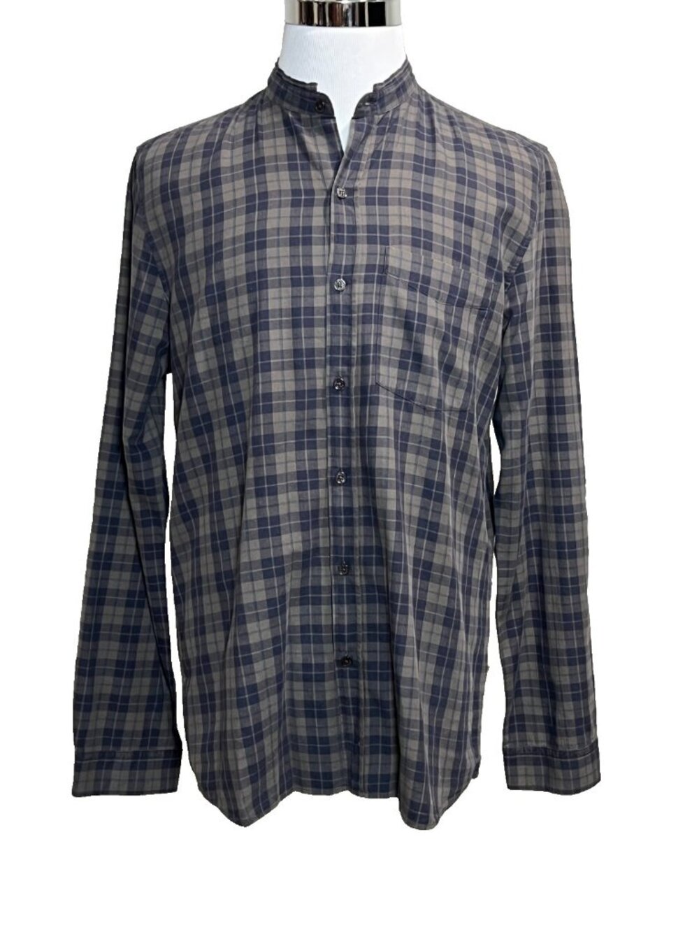 Zadig & Voltaire Mens XL Blue Gray Plaid Torro Check Banded Collar Button Down
